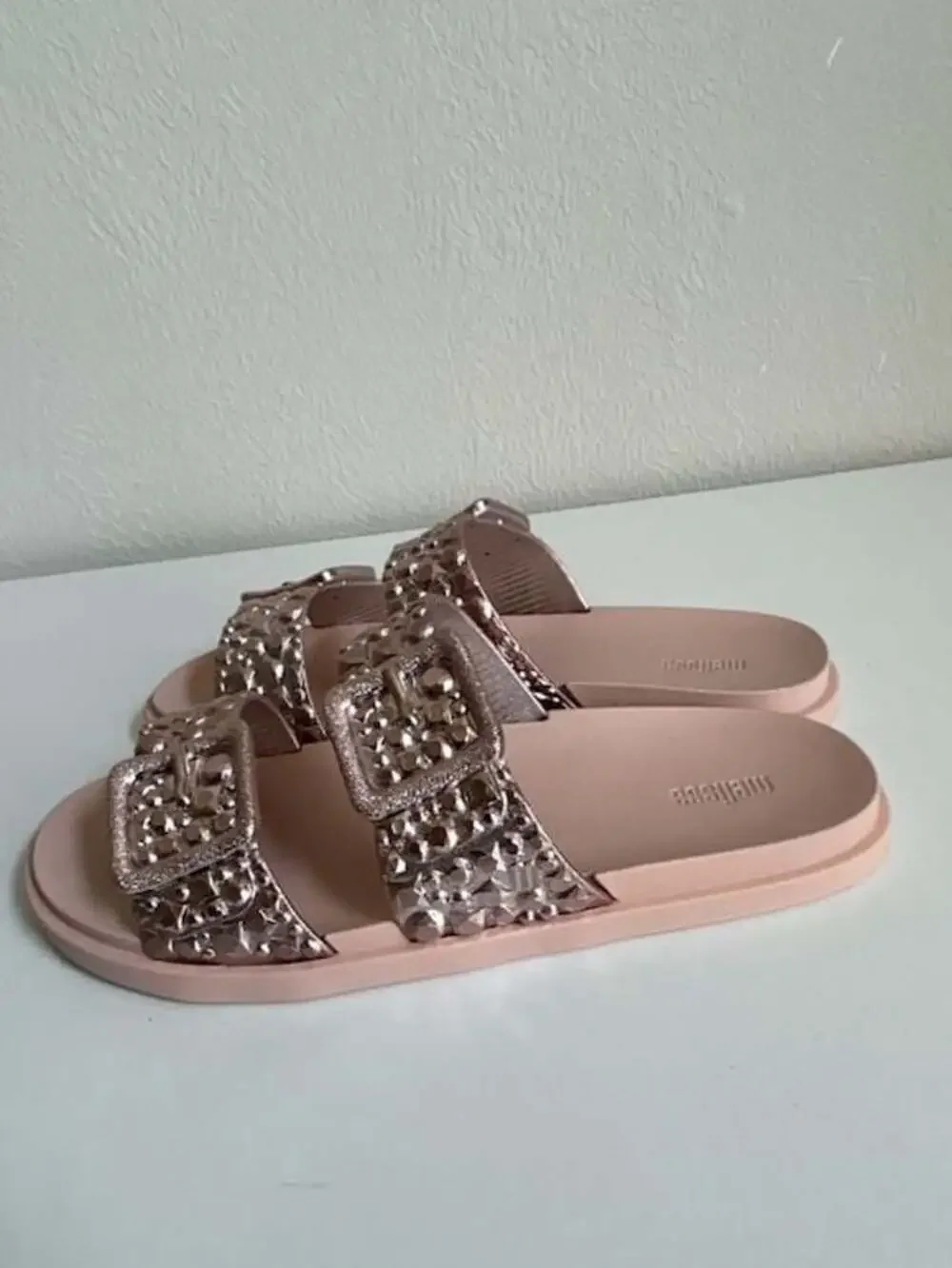 Melissa Lust Studded Double Buckle Slide Sandals in Pink size 8